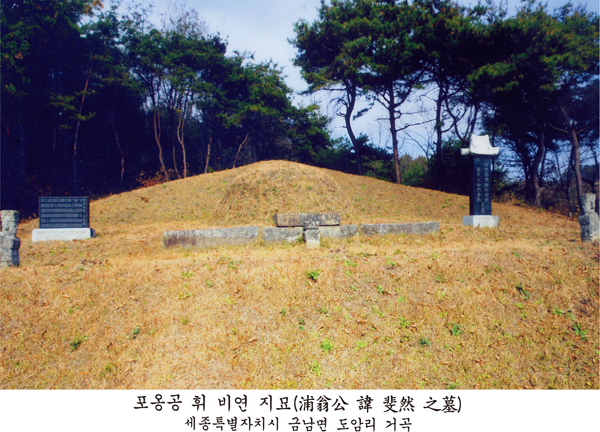 사진 하단에 '포옹공 휘 비연 지묘(浦翁公 諱 斐然 之墓), 세종특별자치시 금남면 도암리 거곡'이라 인쇄된 묘소 전경으로, 봉분과 상석, 지붕돌 얹은 비석이 보인다.
