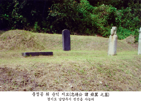 '충정공 휘 순익 지묘(忠靖公 諱 舜翼 之墓), 경기도 남양주시 진건읍 사능리'라 설명된 묘소로, 봉분과 비석·석인상이 보인다.