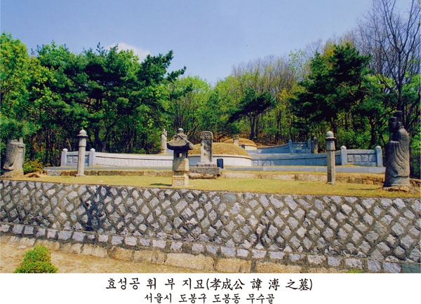 사진 하단에 '효성공 휘 부 지묘(孝成公 諱 溥 之墓) 서울시 도봉구 도봉동 무수골'이라고 인쇄된 묘역 사진으로, 석축 위에 봉분과 문인석·석물이 정비되어 있습니다.