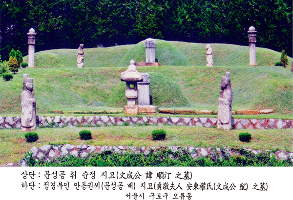 사진 하단에 '상단: 문성공 휘 순정 지묘(文成公 諱 順汀 之墓), 하단: 정경부인 안동권씨(문성공 배) 지묘(貞敬夫人 安東權氏(文成公 配) 之墓), 서울시 구로구 오류동'이라 인쇄된 상하 2단 묘역으로, 문인석·장명등 등 석물이 갖춰져 있다.