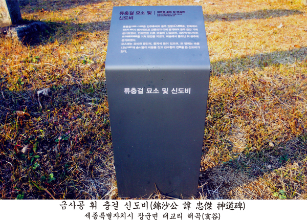 사진 하단에 '금사공 휘 충걸 신도비(錦沙公 諱 忠傑 神道碑), 세종특별자치시 장군면 대교리 해곡(亥谷)'이라 인쇄되어 있으며, '류충걸 묘소 및 신도비'라 쓰인 문화재 안내판이 서 있다.