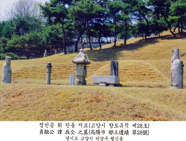 사진 하단에 '정민공 휘 진동 지묘(고양시 향토유적 제28호) 貞敏公 諱 辰仝 之墓(高陽市 鄕土遺蹟 第28號) 경기도 고양시 덕양구 행신동'이라고 인쇄된 묘역 사진으로, 봉분과 문인석·장명등 등 석물이 보입니다.