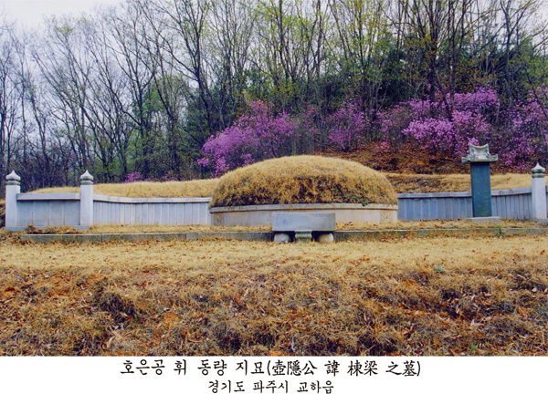 사진 하단에 '호은공 휘 동량 지묘(壺隱公 諱 棟梁 之墓) 경기도 파주시 교하읍'이라고 인쇄된 묘역 사진으로, 곡장 담장 안에 봉분과 상석, 묘비가 보입니다.