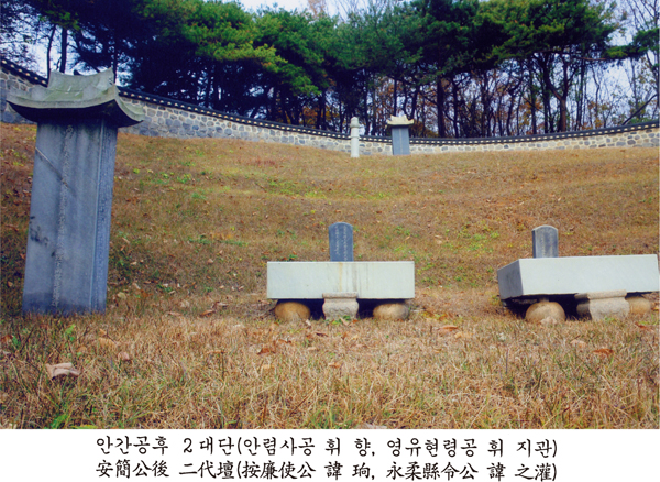 사진 하단에 '안간공후 2대단(안렴사공 휘 향, 영유현령공 휘 지관) 安簡公後 二代壇(按廉使公 諱 珦, 永柔縣令公 諱 之灌)'이라고 인쇄된 제단 묘역 사진으로, 비석과 상석 2기가 놓여 있습니다.