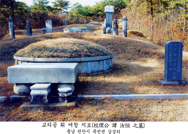 교리공 휘 여항 지묘(校理公 諱 汝恒 之墓) — 충남 천안시 목천면 삼성리. 호석을 두른 봉분과 상석, '晉州柳公…之墓' 계열 한자가 새겨진 묘비가 보인다.